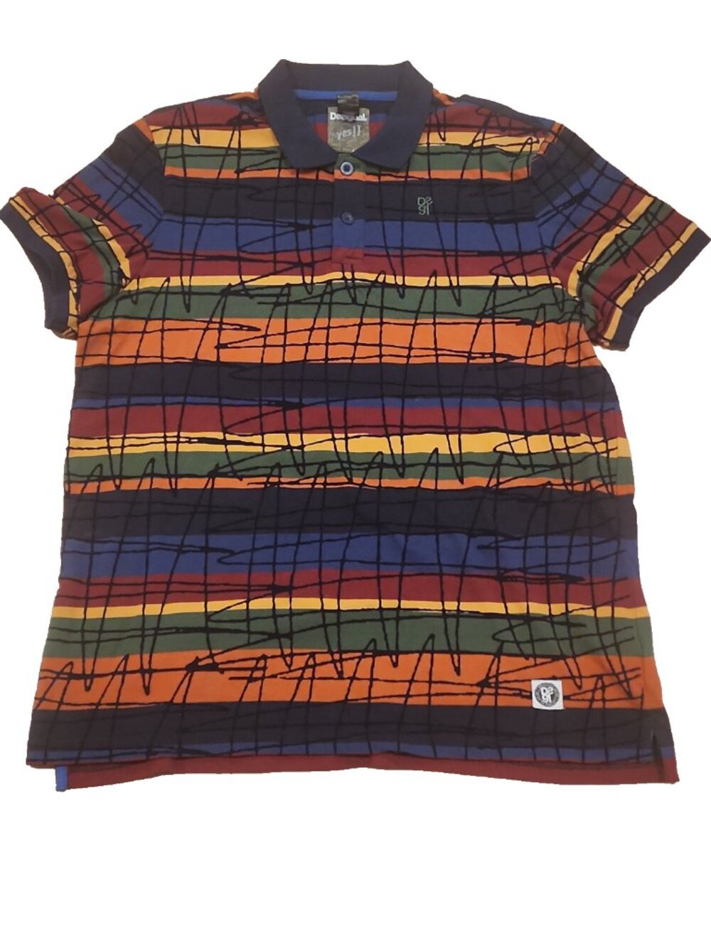 DESIGUAL Mens XL Polo Shirt short sleeve cotton YES art avant-garde XXL striped